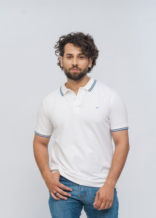 M Emblem Stretch Polo Tipping Collar (White)
