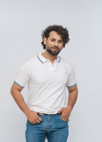 M Emblem Stretch Polo Tipping Collar (White)